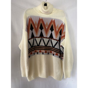 Women's Unbranded Cream Orange Black Patterned Turtleneck Sweater